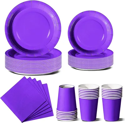Produktbild von Lila Partygeschirr-Set mit 96 Teilen für den Kindergeburtstag und 24 Gäste | Pappteller, Becher und Servietten für Geburtstage und Feiern
