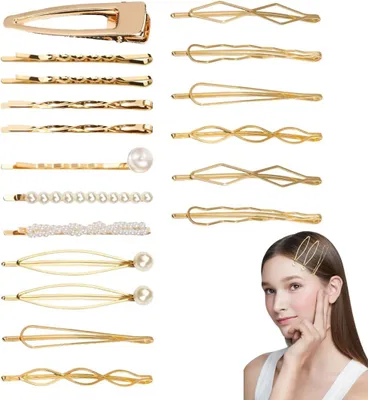 Produktbild von Haarspangen Set 18 Stück, gold, Metall, geometrische Haarnadeln für Party