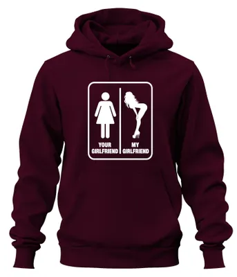 Productafbeelding van "Jouw vriendin, mijn vriendin. Grappige, sarcastische hoodie. Kleur: bordeauxrood. Maat: S."