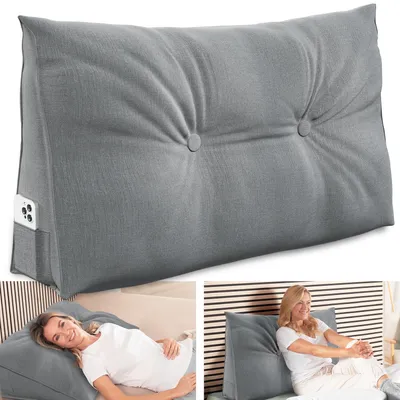 Zdjęcie produktu dla Poduszka pod plecy ELONEO o szerokości 90 cm, poduszka klinowa odpowiednia do łóżka i sofy, trójkątna poduszka do czytania, poduszka ze zdejmowaną i zmywalną poszewką, z praktyczną kieszenią boczną