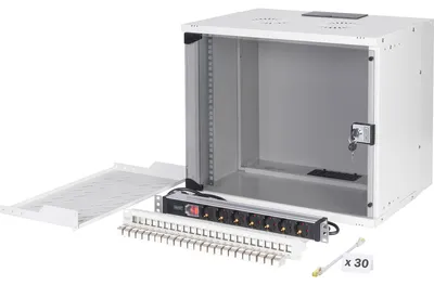 Obrázok produktu pre Digitus DN-49204-SET, Nástenný regál, 9U, 60 kg, Zámok, Koľajnice racku, Vylepšená správa káblov