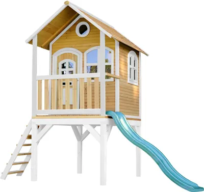 Produktbild von AXI Spielhaus Laura mit grüner Rutsche | Stelzenhaus in Braun & Weiß aus  Holz für Kinder | Spielturm mit Wellenrutsche für den Garten