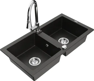 Produktbild von Mexen Mario 2-Becken-Granitspüle mit Mischbatterie Elia, Schwarz/Gold metallisch - 6504-75-670101-00