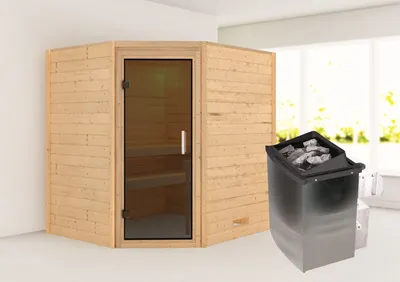 Produktbild von Karibu Sauna Innensauna Mia Eckeinstieg Ofen 9 kW integr. Strg 196x169x198 cm ohne Dachkranz mit Graphittür