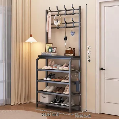 Productafbeelding van Schoenenrek met garderobe - 5 planken - Haken - Metalen frame - 60 cm - Zwart