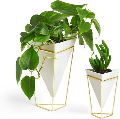Produktbild von Wandblumentöpfe Set aus 2 - Geometrisches Design in Weiß und Gold