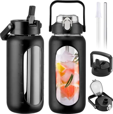 Produktbild von Famanu Glaswasserflasche 2L mit 2 Deckeln und Zeitmarkierungen - Transparent