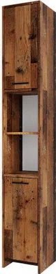 A tall, narrow wooden cabinet with two doors and an open shelf in the middle.