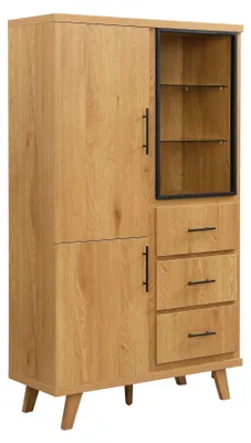 Sideboard Eiche 188 cm mit Türen, Schubladen & Regal in Braun, Gesamtansicht mit offener Vitrine und geschlossenen Türen.