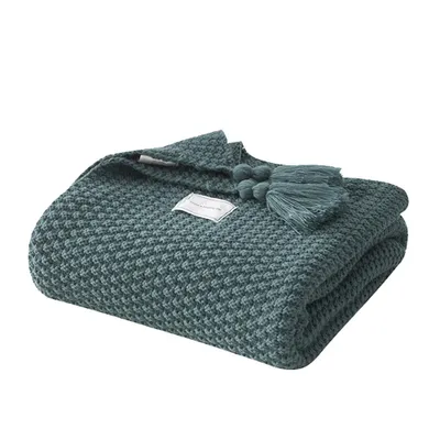 Immagine prodotto di Coperta a maglia con nappe Coperta morbida e calda a maglia Coperta accogliente, 110x150cm, blu