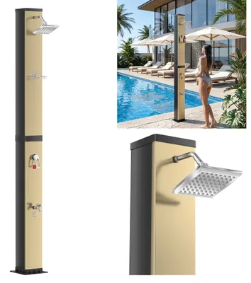 Obrázok produktu pre Solárna záhradná sprcha TRMLBE 40 l, zlatá a čierna, sprchová hlavica s otočným rozsahom 360°, jednopáková batéria a odolnosť voči UV žiareniu, vrátane krytu, vonkajšia sprcha do záhrady a k bazénu