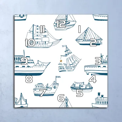 Produktbild von Deko Glasuhr Wanduhr 30x30 Blaue Schiffe Boote Quarz Küchenuhr Bürouhr