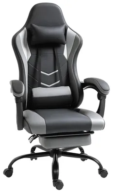 Zdjęcie produktu dla Ergonomiczne krzesło - Krzesło gamingowe - Regulowana wysokość - Obrotowe - Regulowane podparcie lędźwiowe - Podnóżek - Wykonane z sztucznej skóry - Kolor: czarny