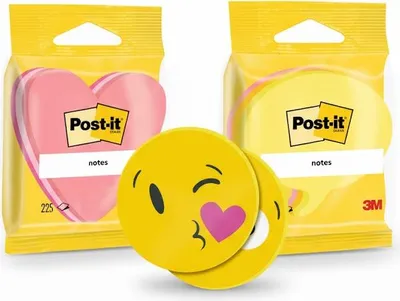 Produktbild von Post-it® Set aus 3 Haftnotizen – Herz Pink , Sprechblase Gelb, Emoji Gelb