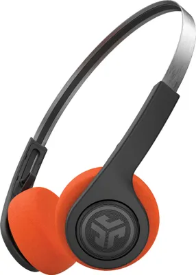 A pair of Jlab Rewind Wireless 2 Retro Headphones in black and orange.