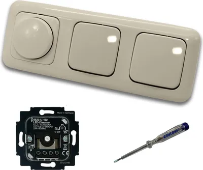 Produktbild von Busch Jäger 6523U-102 LED Drehdimmer Dimmer + Dimmerscheibe 2115-212 und 2 x Kreuzschalter 2000/7 US in DURO2000 cremeweiß glänzend inklusive EBROM Phasenprüfer zur Montage der Geräte 6523 U – 102