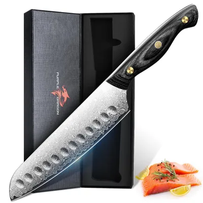 Obrázok produktu pre Damascénsky nôž Santoku, oceľ VG10, značka Kern, celočírny (full tang), rukoväť z ebenového dreva, ručne kovaný