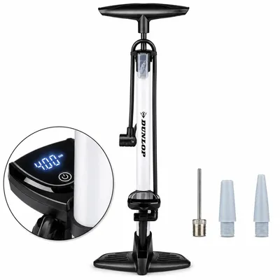 Obrázok produktu pre Digitálna cyklistická pumpa Dunlop – cyklistická pumpa s digitálnym manometrom – pre ventilky Schrader, Presta a Dunlop – 120 PSI, 8,3 BAR – vrátane adaptérov a ihly na nafukovanie lopty