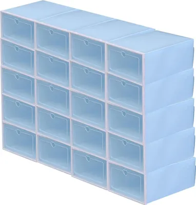Image de Boîtes de rangement pour chaussures - Lot de 20 - Plastique - Empilables - Pliables - Peu encombrantes - 33 × 23 × 14 cm - Bleu