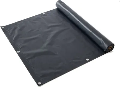 A black PVC balcony privacy screen is unrolled on a white background.