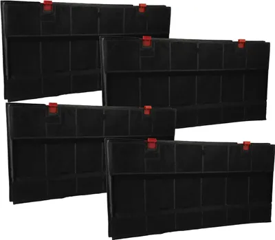 Four black charcoal filters are arranged in a staggered pattern against a white background.