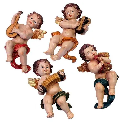4 Engel mit Wandaufhängung, 32 cm, mehrfarbig, Harz