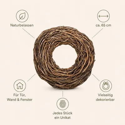 Produktbild von Lianenkranz Natur 38 48 65 85 cm Türkranz Wandkranz Tischkranz DIY Dekokranz, Größe:Ø 65 cm