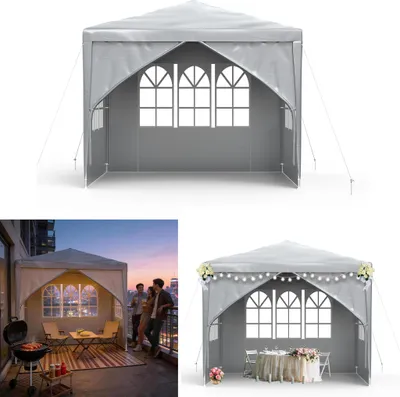 Produktbild von XMTECH Garten Pavillon Gartenzelt 3x3m Wasserdichter Garten Pavillon mit Abnehmbaren Seitenwänden und Fenster Partyzelt Bierzelt UV-Schutz (Grau)