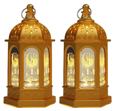 Ramadan-Laterne, 2er-Set, goldfarben, Kunststoff, 7x7x13 cm, LED, mit Batterien