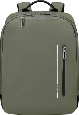 A front view of an olive green backpack against a white background.