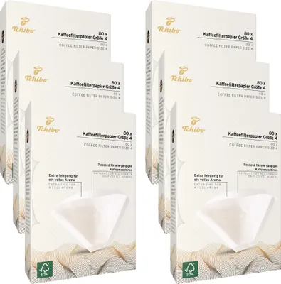 Produktbild von Tchibo Kaffeefilter Größe 4 Großpackung 480 Stück - spapier Filtertüten 6x80, nachhaltig, aromatisch, kompostierbar, umweltschonend, weiß