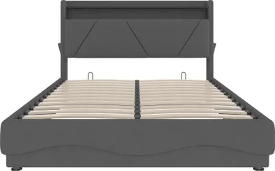 Produktbild von okwish Polsterbett 140 x 200 Doppelbett mit stauraum ,Kopfteil mit LED und Ablageflächen, Jugendbett mit USB-Anschlüsse und Seitentaschen,ohne Matratze,Grau