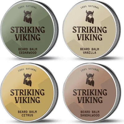 Produktbild von Striking Viking Bartbalsam, 4er Bartpflege-Set für Männer, 4 x 30 ml, leichter Halt, Sheabutter, Bienenwachs, Vanilla, Sandalwood, Citrus, Cedarwood