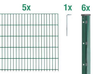Produktbild von Alberts Doppelstabmattenzaun 6-5-6, Matten 2,50 m, Höhe 83 cm, Länge 12,5 m, grün, Zaun als Komplettset, Pfosten mit Abdeckleiste 60x40 mm