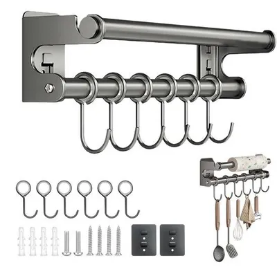 Produktbild von Unyqoos® Wand-Küchenrollenhalter 30 cm – wandmontierte Stange mit 6 beweglichen Haken, hochwertiger Kohlenstoffstahl (RVS), einfache Schraubmontage, platzsparend