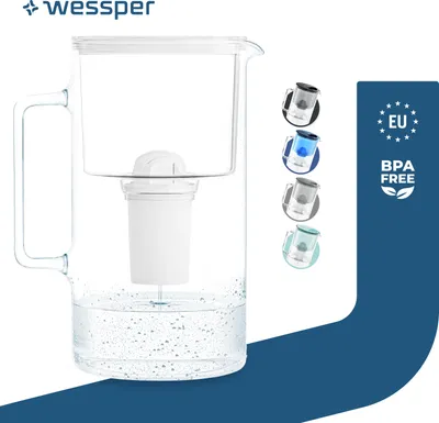 Produktbild von Wessper Wasserfilterkanne Aus Glas 3 L Weiß Kompatibel Mit Brita Classic -wasserfilterkartuschen | Inklusive 1 Wasserfilter-kartusche