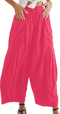 Obrázek produktu pro ASKSA Dámské kalhoty s širokými nohavicemi, vysoký pas, plisované, dlouhé, letní, volné, pohodlné, s kapsami, červené, 4XL