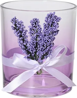 Produktbild von Teelichthalter Glas 10x9cm mit Schleife und Lavendel Transparent Lila