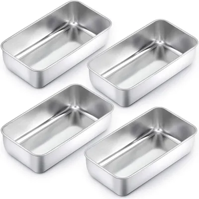 Zdjęcie produktu dla Zestaw 4 form do pieczenia chleba, tortów i innych wypieków, wykonane ze stali nierdzewnej, prostokątne, o wymiarach 23,5 x 12,6 x 6 cm