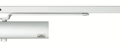 A silver door closer with a sliding arm, mounted on a white background.