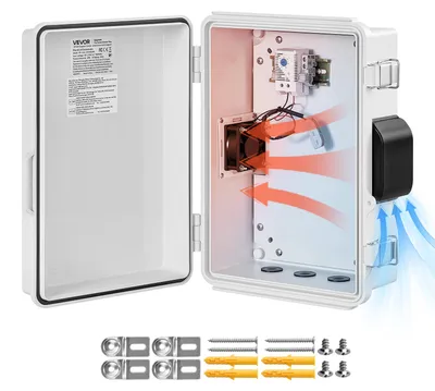 Obrázok produktu pre VEVOR, vodotesné elektrické puzdro IP65, plastový rozvádzač ABS s termostatom a ventilátorom, montážna doska a priechodky pre káble, vonkajší kryt rozvádzača, prachotesný, 275 x 150 x 350 mm
