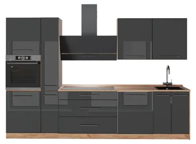 Produktbild von Küchenzeile Vicco Fame-Line Anthrazit Hochglanz/Goldkraft Eiche 310 cm ohne Arbeitsplatte, Model 64291