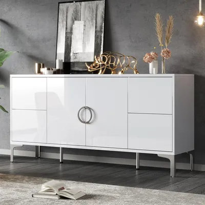 Produktbild von Merax Hochglanz Sideboard mit 4 Schubladen und 2 Türen, Kommode mit Metallstützfüße, Wohnzimmerschrank Esszimmerschrank grifflosen aus MDF, Weiß