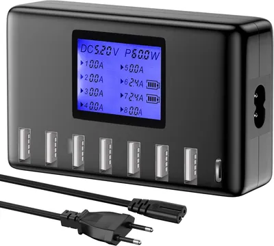 A black multi-port USB charging station with a blue LCD display and attached power cables.