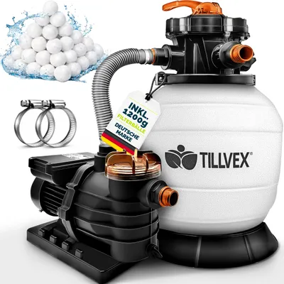 Immagine prodotto di tillvex® Sistema di filtraggio a sabbia per piscina bianco/arancio 13.200L/h fino a 40.000L + sfere filtranti da 1200g | sistema di filtraggio valvola a 7 vie & adattatore 2in1 Ø32-38mm | filtro per piscina autoadescante | filtro a sabbia per piscina