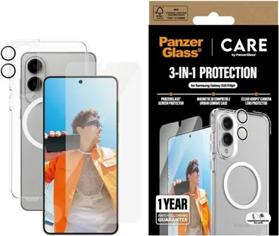 Produktbild von PanzerGlass ® | CARE by ® Flagship 3-in-1 Bundle Samsung S25 Edge, Samsung, Samsung - Galaxy S25 Edge 5G, Trockene Anwendung, Kratzresistent, Schockresistent, Transparent, 1 Stück(e)