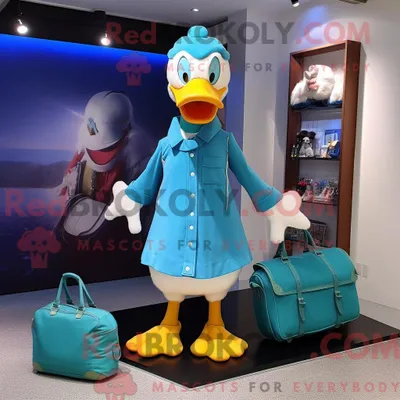 Image de Costume de mascotte REDBROKOLY de canard de Barbarie cyan personnage habillé d une robe droite et de sacs messager
