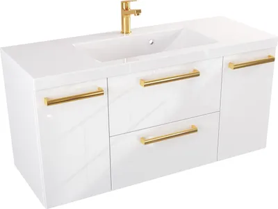 Produktbild von FURNI Waschtischunterschrank ATH 100 cm  - Weiß Hochglanz - Hängender Badschrank mit Mineralguss-Waschbecken - Griffe - Vormontiert