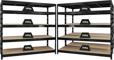Produktbild von Mega Deal | 3x Profi Schwerlastregal Rhino | HxBxT 180x200x60cm | 5 Spanplatten-Ebenen 8mm | Fachlast 500kg | Schwarz