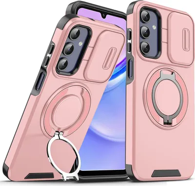 Image de Etui double couche pour Samsung Galaxy A15 5G/4G, avec couvercle coulissant pour l'appareil photo et support magnétique en forme d'anneau Rose